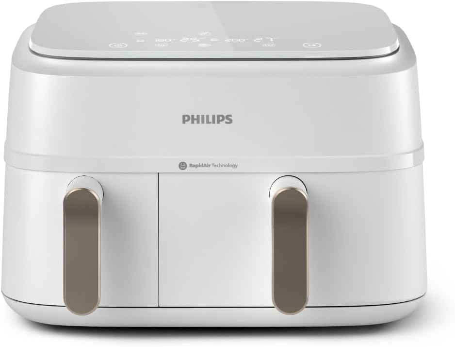 Philips Dual Basket Air Fryer - Cottura sana, veloce e versatile, Friggitrice ad aria con Doppio Cestello 9L, Touchscreen, design a 2 cestelli con doppia resistenza e termostati separati (NA353/10)(9 l/Corpo Bianco/Manico Champagne)
