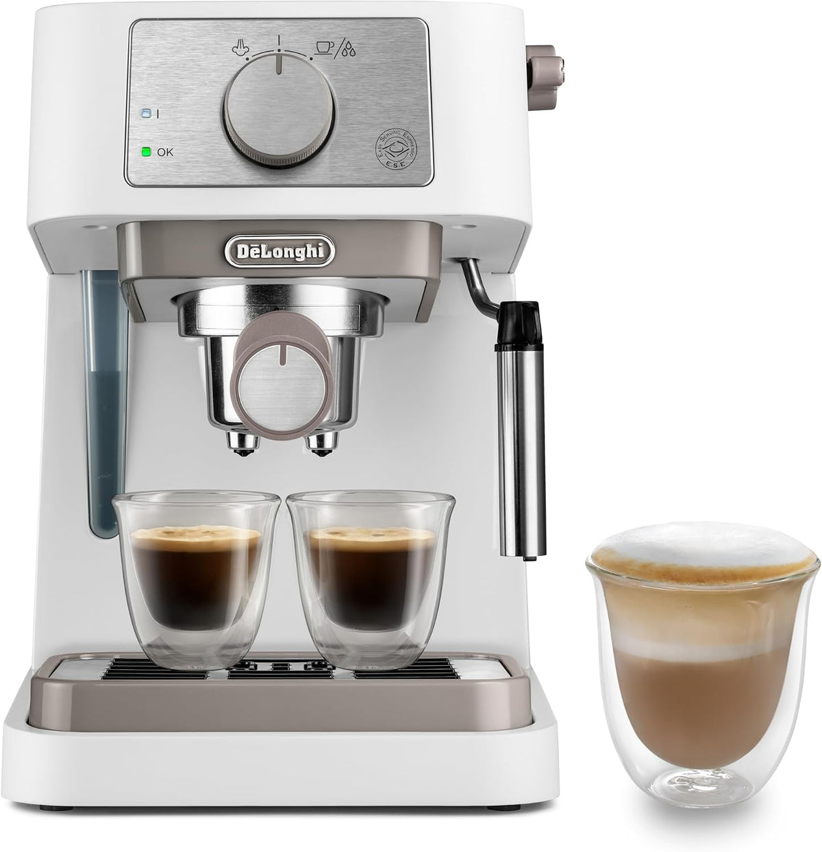De'Longhi EC260.BK Macchina da Caffè Per Polvere o in Cialde E.S.E., Sistema Latte Manuale, Facile da usare, Serbatoio Estraibile da 1.1 L, Caldaia acciaio inox(Bianca)