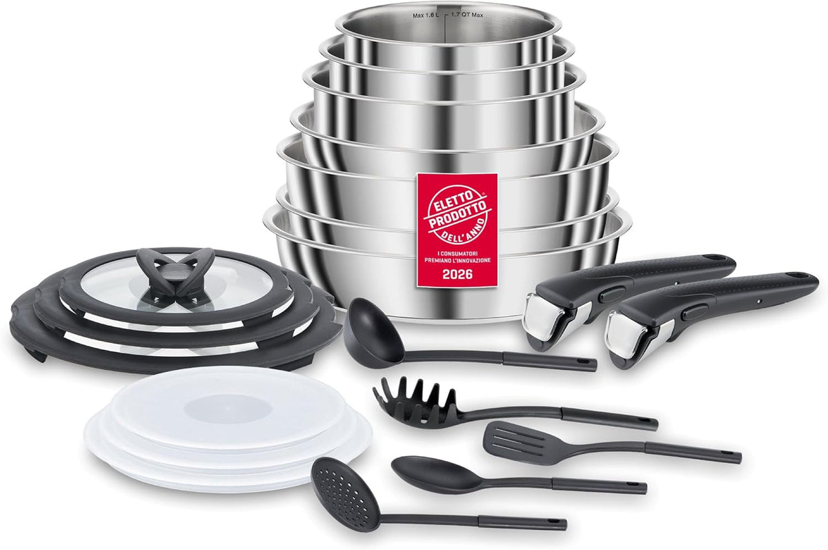 Lagostina Ingenio Inox Set di Pentole e Padelle in Acciaio Inox, 20 Pezzi, Adatto ad Induzione, Batteria di Pentole con 3 Casseruole, 3 Padelle, Tegame,6 Coperchi, 5 Utensili Cucina,2 Manici Amovibili(20 pezzi/Acciaio Inox/Single)