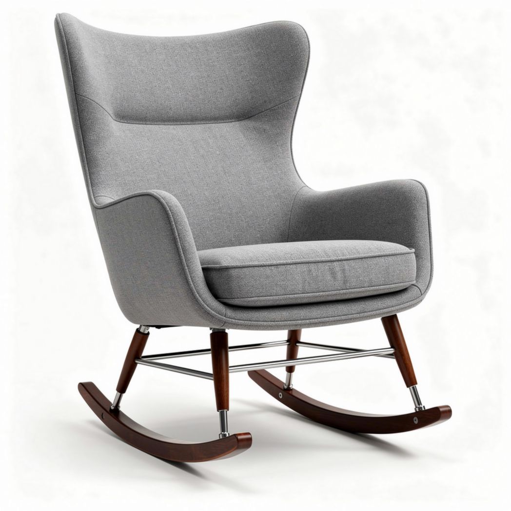 Poltrona a dondolo in tessuto grigio con struttura in legno e metallo 85 x 70 x 100cm
