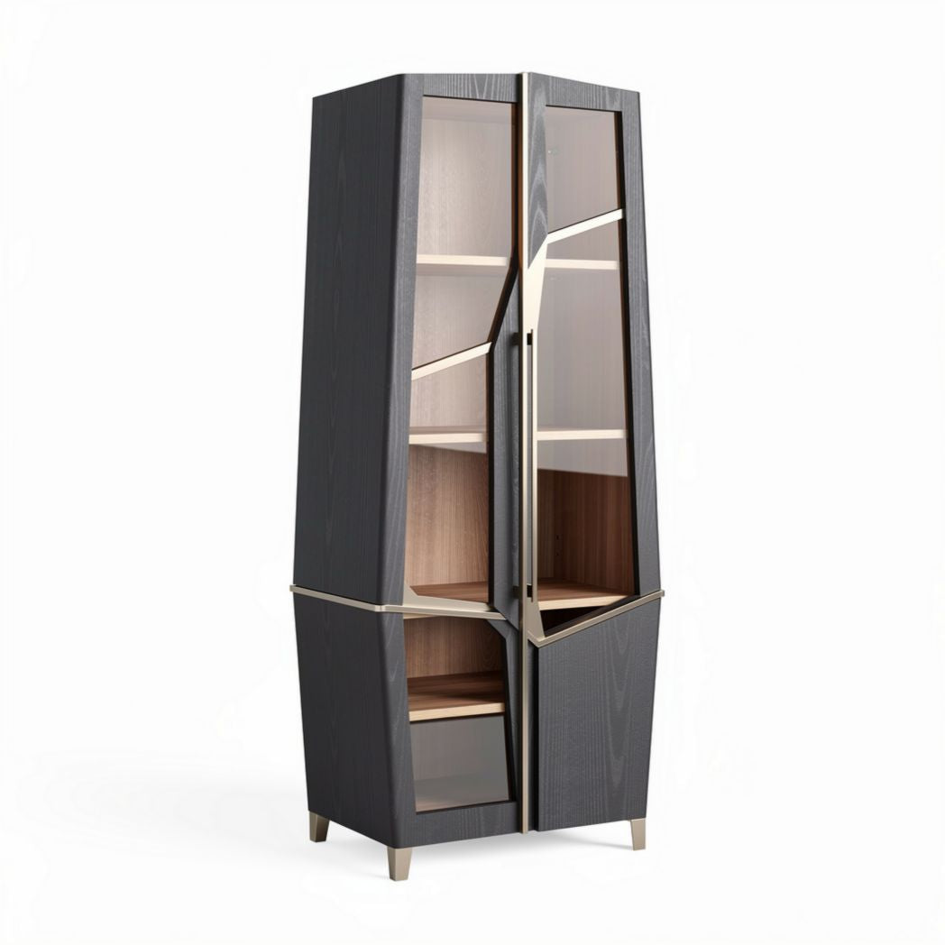Mobiletto vetrina in legno grigio con ripiani in legno naturale e porta in vetro 120 x 60 x 180 cm