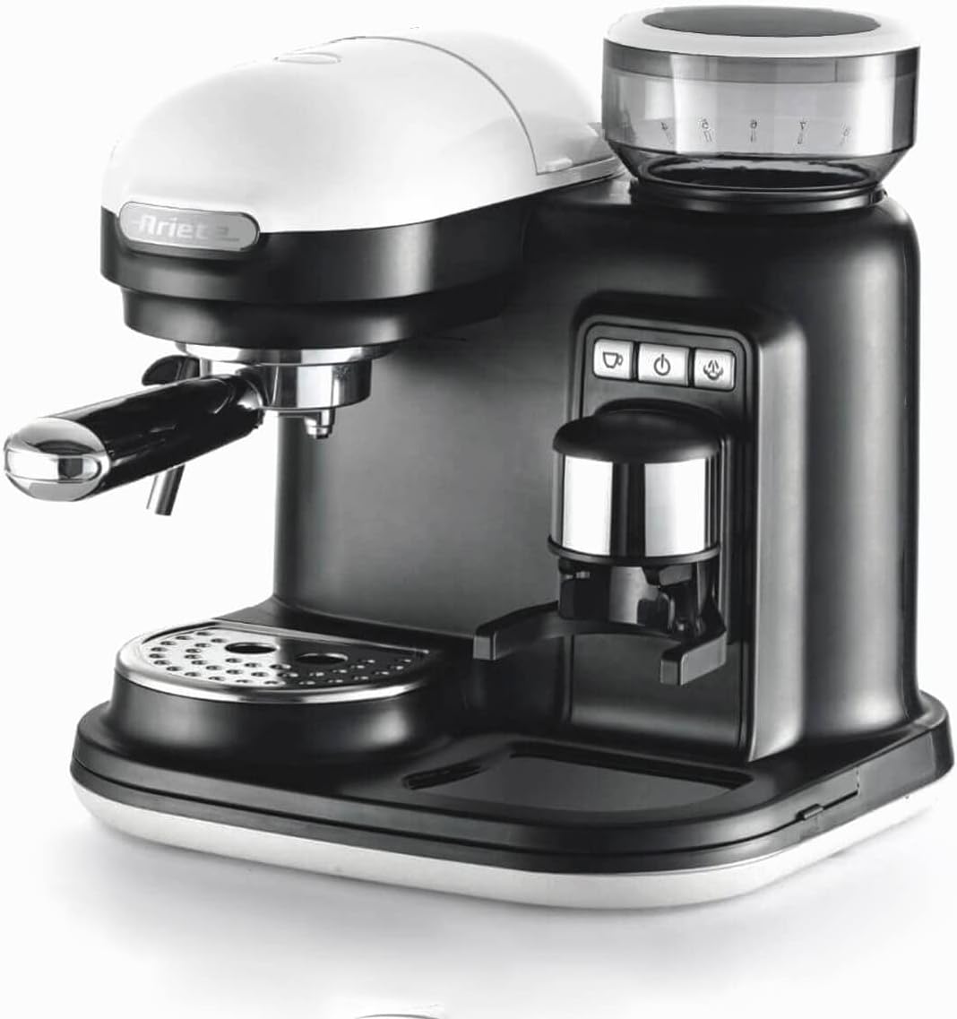 Ariete 1318 Macchina da Caffè Espresso Moderna, Macinacaffè Integrato, per Caffè in Grani e in Polvere, Cappuccinatore Montalatte, Filtro, 1080W, Nero(Bianco)