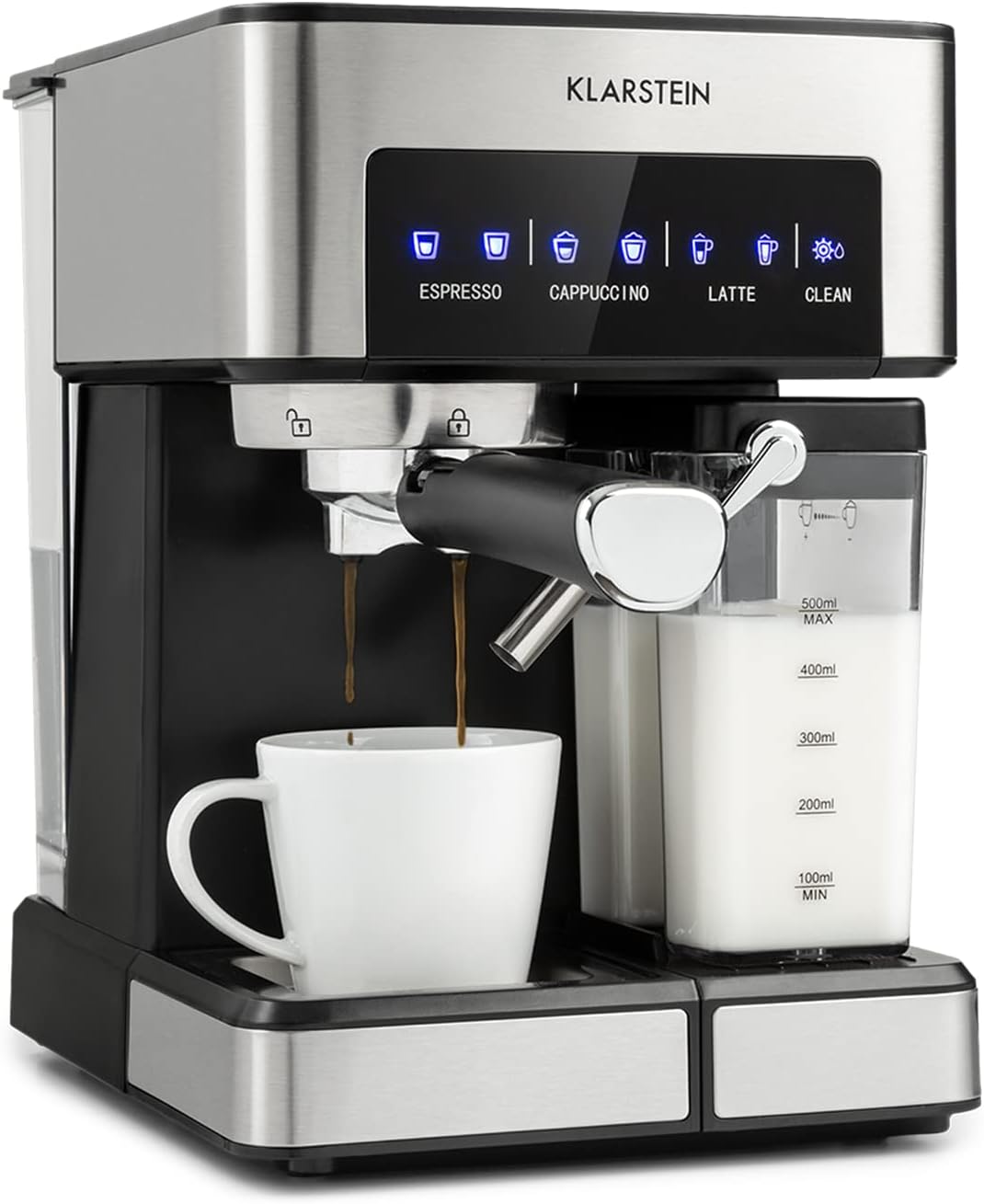 KLARSTEIN Macchinetta Caffe Espresso 1.8L, Freddo, Macinato e Cappuccino, da Barista da 20 Bar, In Acciao Inox , 1350W con Montalatte(1.8 L/Grigio)