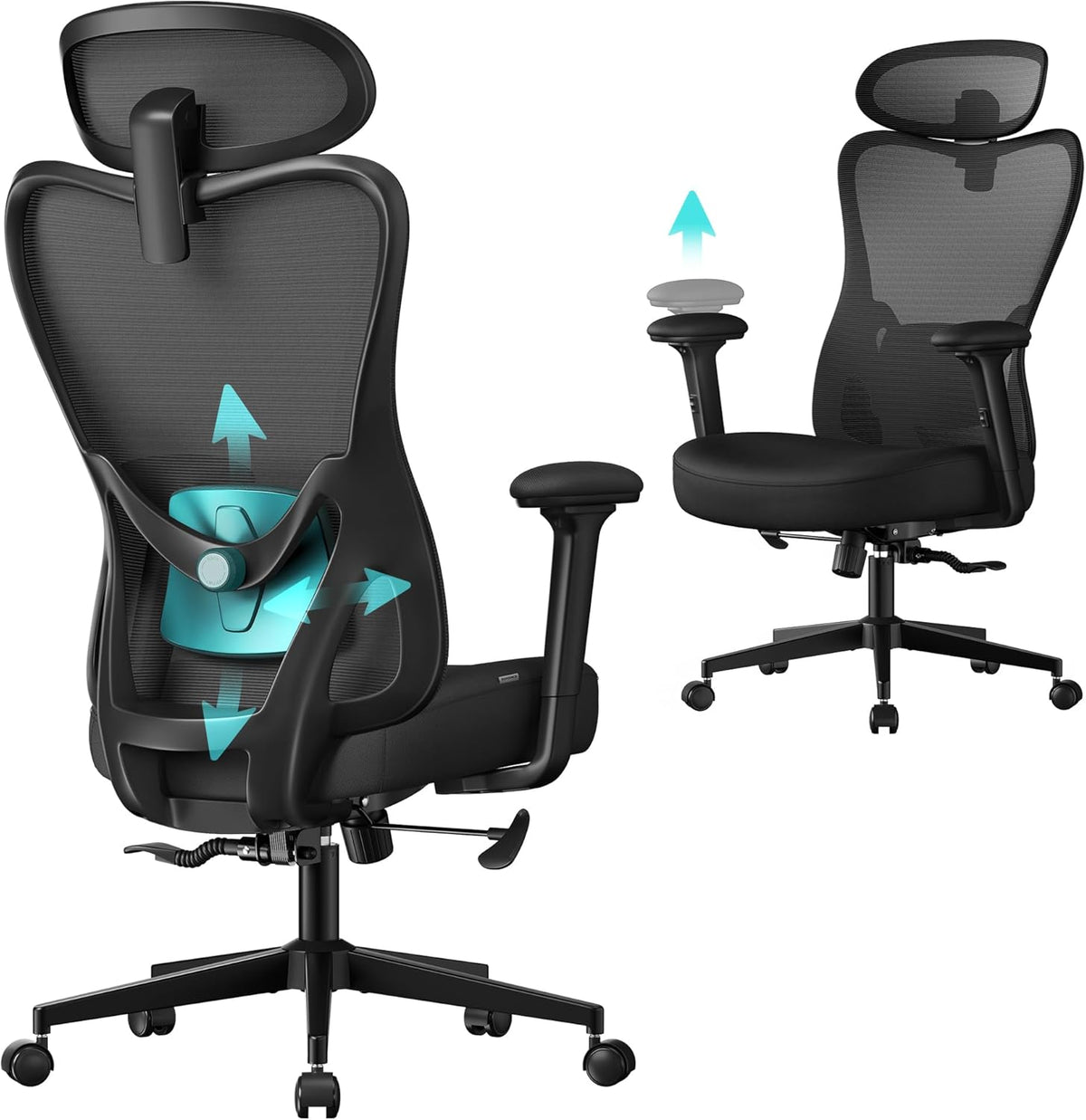 SONGMICS Sedia da Ufficio Ergonomica, Sedia da Scrivania Computer, Poggiatesta e Supporto Lombare Regolabili, Portata Fino a 150 kg, Regolabile in Altezza, Nero Inchiostro OBN066BH01(Nero Inchiostro/1)