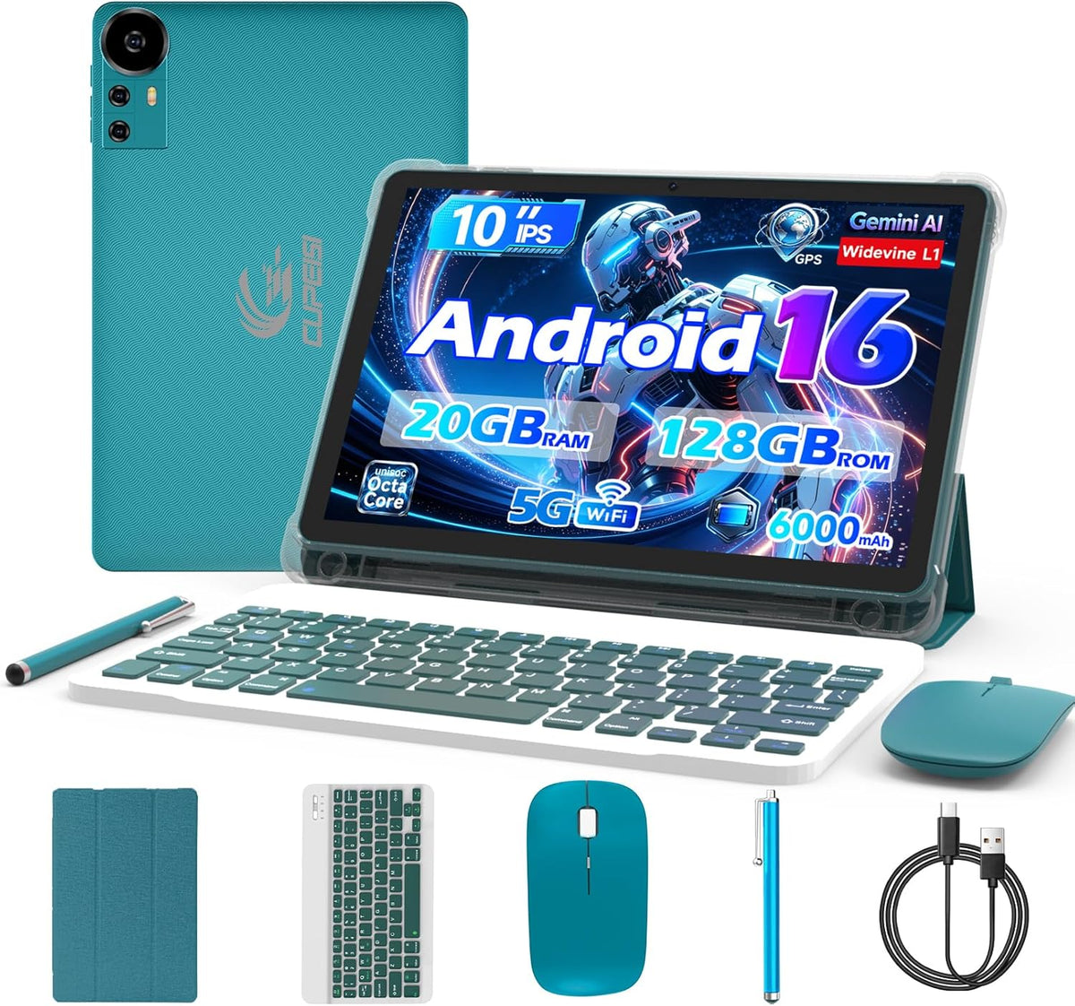 CUPEISI Android Tablet 15 10 Inch 20 GB RAM + 128 GB ROM/2 TB Expandable 2.0 GHz Quad Core Processor Display HD 1280 x 800 5G WiFi6 BT 5.0 Tablet 2 in 1 with Case(12GB+128GB/blue navy)