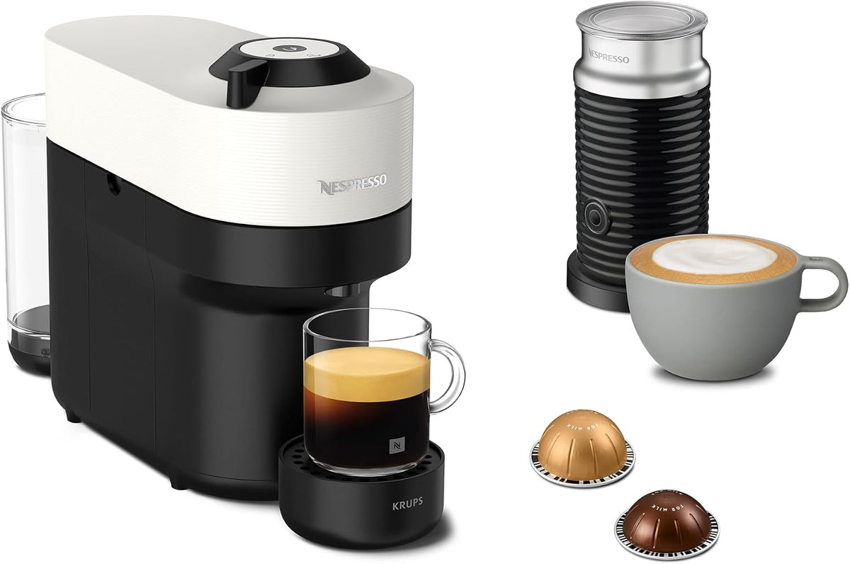 Nespresso Vertuo Pop + Aeroccino XN9211K, Macchina caffè di Krups con montalatte Aeroccino, Coconut White, Sistema Capsule Nespresso Vertuo, Serbatoio acqua 0.56L