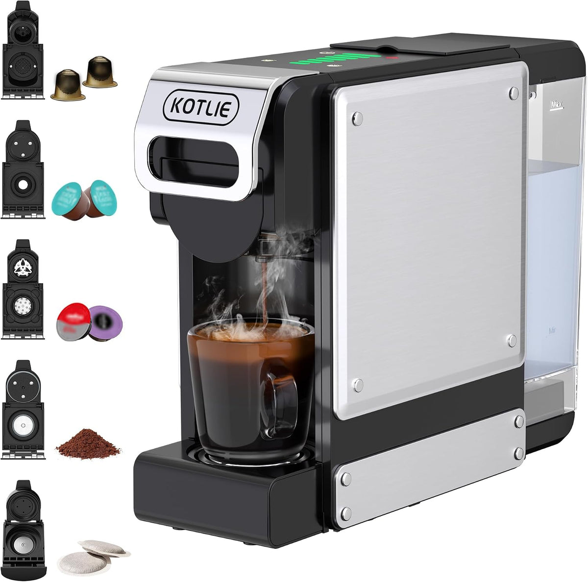 Macchina da caffè a capsule, Macchina da Caffè Multifunzione 5 in 1, per Nespresso Original/per Dolce Gusto/per A MODO MIO/ESE(44 mm) e caffè macinato, con sette impostazioni di volume dell'acqua