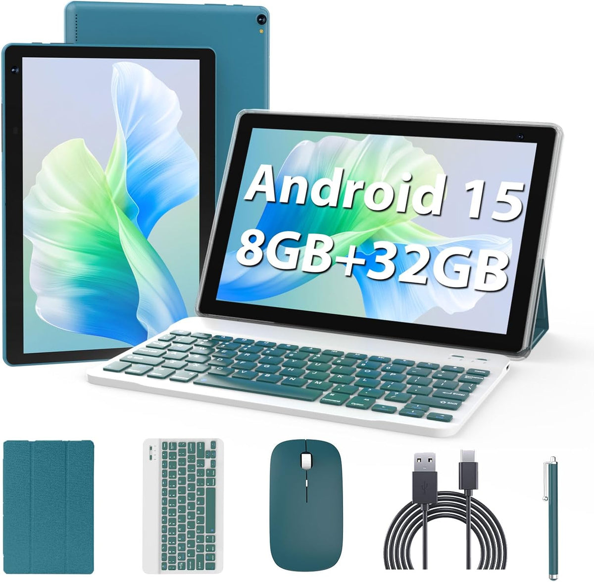Android 15 10 Inch Tablet 2 in 1 Tablet with Keyboard Case and Mouse Stylus Pen 6GB RAM 32GB ROM 1TB Expandable Quad Core Processor WiFi BT 1280x800 6000 HD Screen(marine)