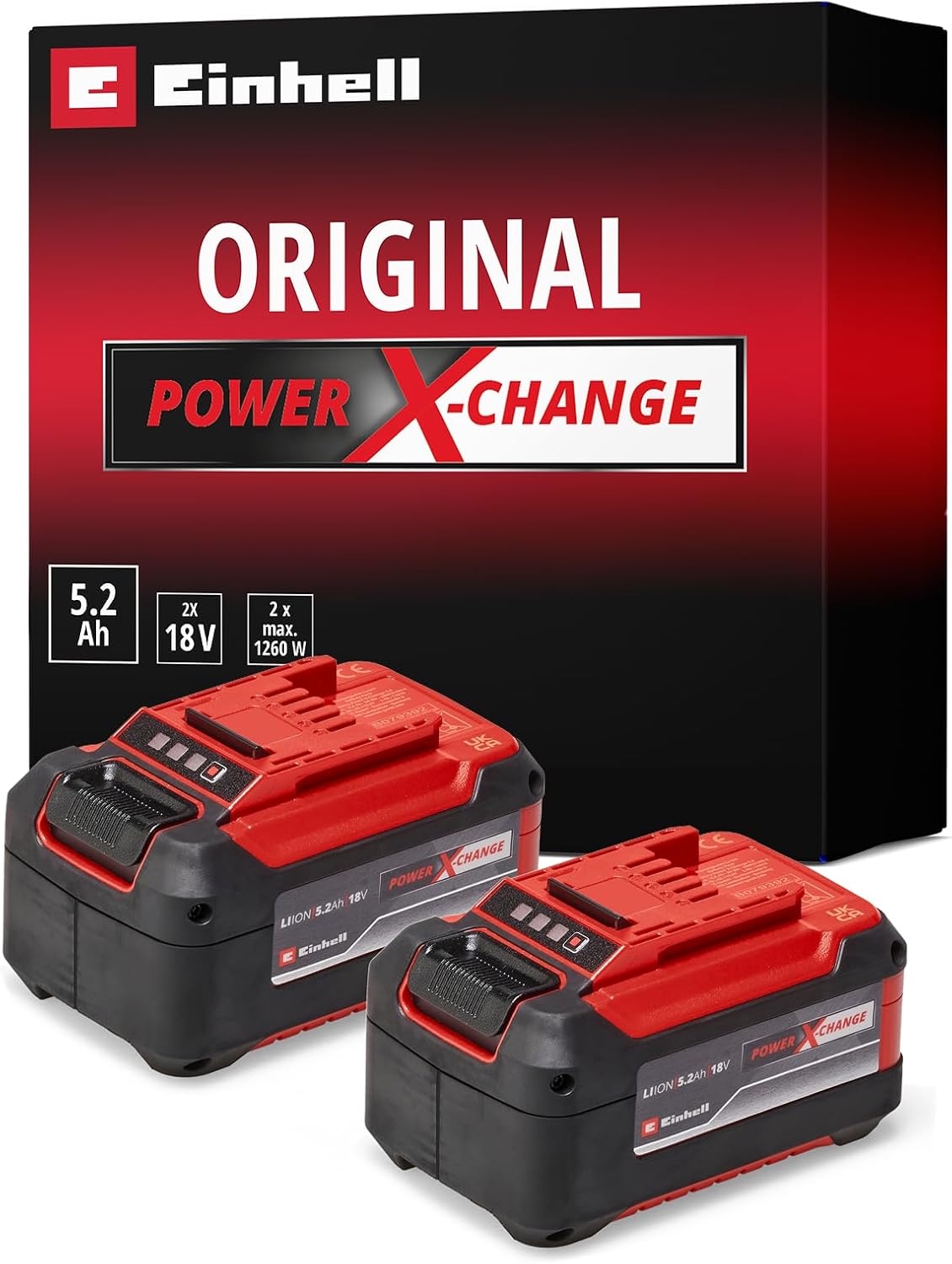Two Genuine Einhell PXC-Twinpack Power X-Change Batteries 5.2Ah (18V, 5200mAh, 1260W, Including Two 5.2Ah Batteries Without Charger)(Single)