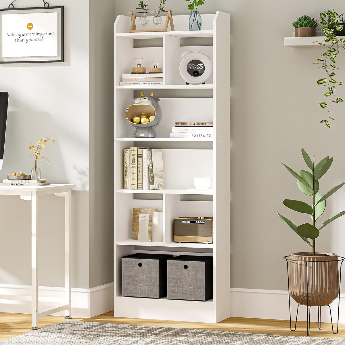 Hzuaneri Libreria 6 Ripiani, Nero, 24x60x170 cm, BC11104X | Scaffale con Scomparti e Ripiani Aperti, Organizzatore, Libreria Verticale, Mobiletto Multiuso per Soggiorno, Studio(Bianco/24 x 60 x 170 cm)