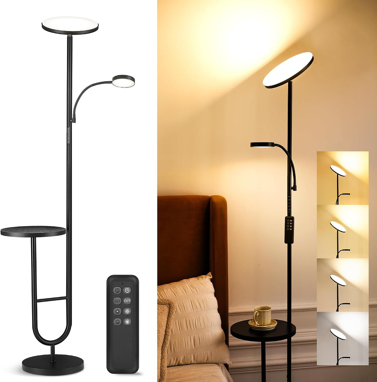 Lampada da Terra LED con Ripiano, 36W+7W Dimmerabile con Telecomando, Testa Girevole a 350°, 2700K-6500K, Lampada Moderna Nera per Soggiorno, Salotto e Ufficio AVEN MF18(Nero A/Con Ripiano)