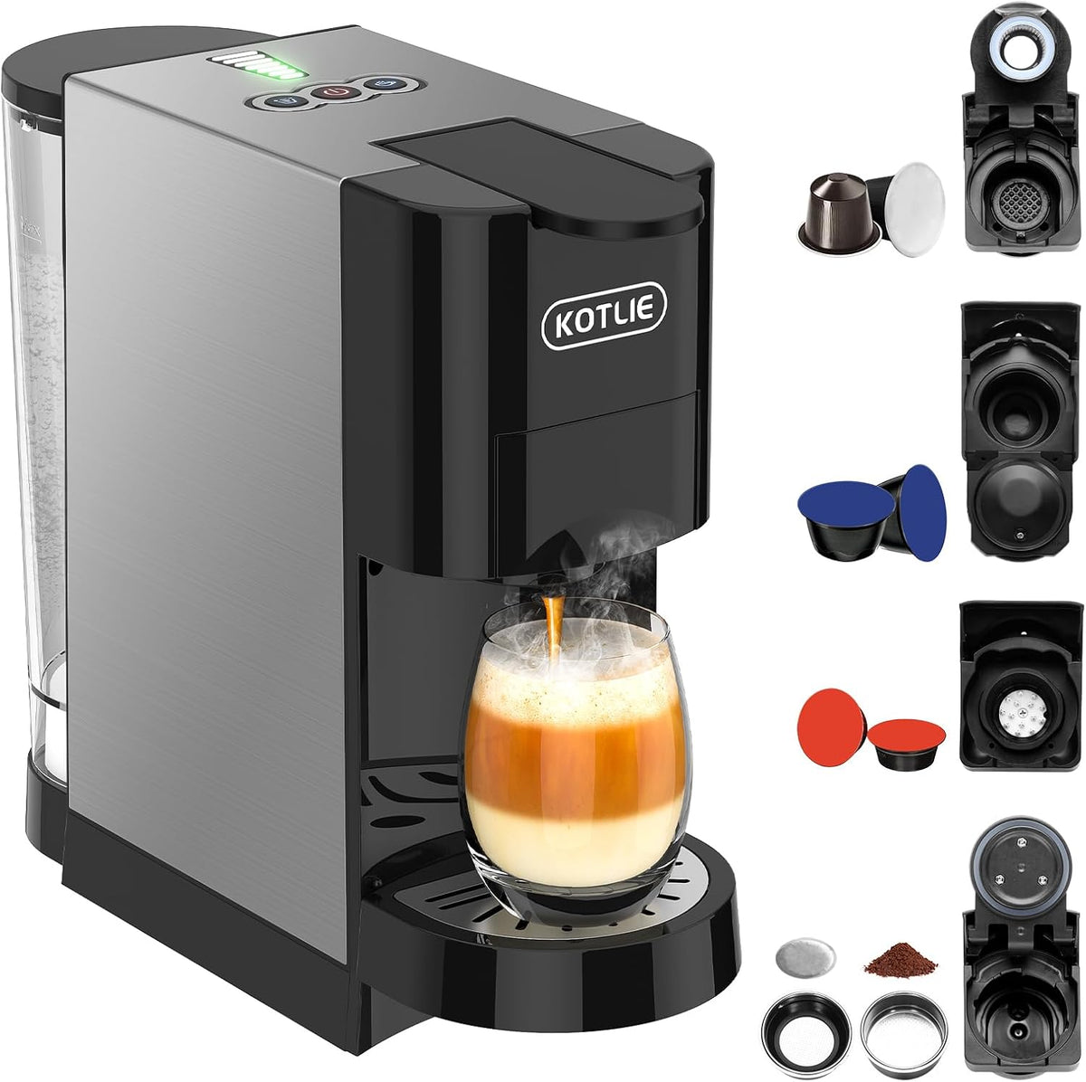 KOTLIE AC-513HF Macchina da caffè multifunzione 5 in 1 per NES/per DG/Caffè in polvere/ESE(44 mm)/per a modo mio, per tazze alte (Nero)(Neron)