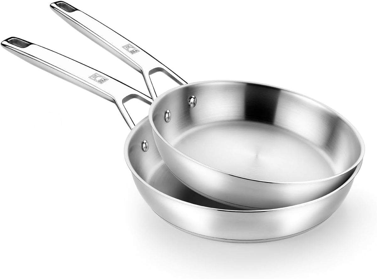 BRA Signature | Set di 3 padelle in acciaio inox 18/10, 20-24-26 cm, senza rivestimento antiaderente, triplo fondo diffusore, adatte a tutti i piani cottura, induzione inclusa, finitura lucida(24 y 28 cm)