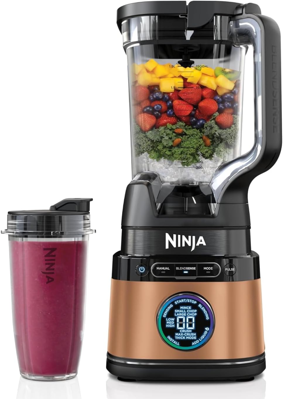 Ninja Frullatore Detect Power Processor Pro 3 in 1 1200W, Robot da Cucina, 3 Bicchieri Monoporzione, Caraffa da 2.1L, Lame per Impastare, Frullare, Tritare e Miscelare, Pietra oro, TB401EUSTGD(2-in-1/Nero/Rame)