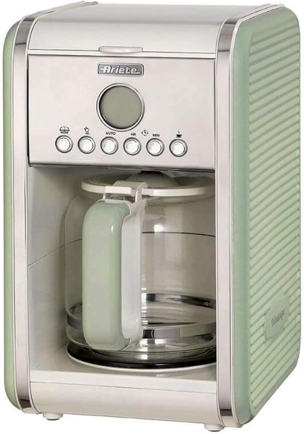 Ariete Macchina Caffè Americano Vintage 1342, Caraffa in Vetro Temperato, Fino a 12 Tazze, Timer Programmazione 24 Ore, Autospegnimento, Antigoccia, Piastra Riscaldata, Capacità 1.5 L, 2000W, Beige(Vert/Single)