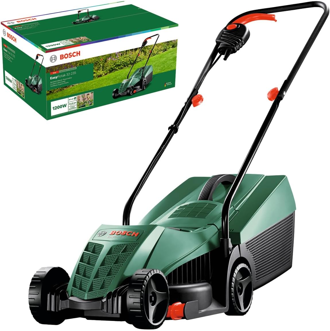 Bosch EasyRotak 32-235 lawn mower/lawn mower | 1200 W motor, cutting width: 32 cm, 31 l grass basket for small gardens