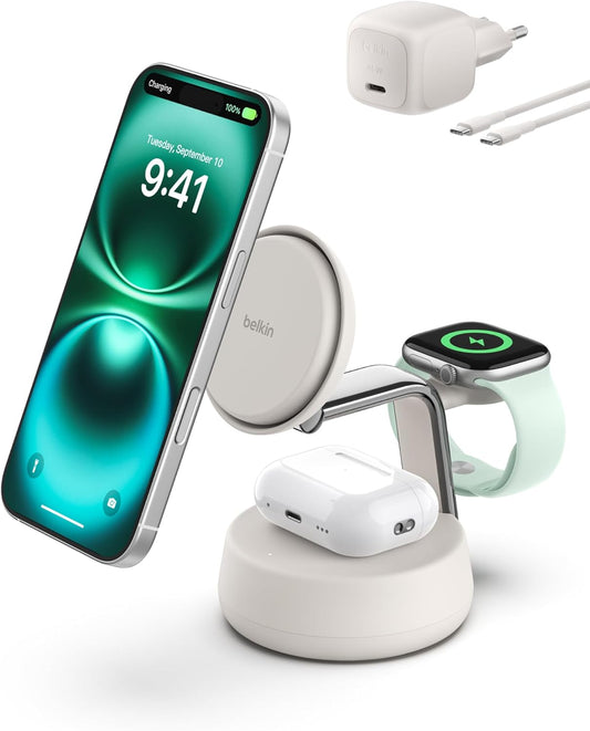 Belkin UltraCharge Pro 3 in 1 Wireless Charger, Qi2 25W Charging Station, Compatible with MagSafe for iPhone 16, Apple Watch, AirPods, Pixelsnap with Fan and 45W Adapter, Sand(sand)