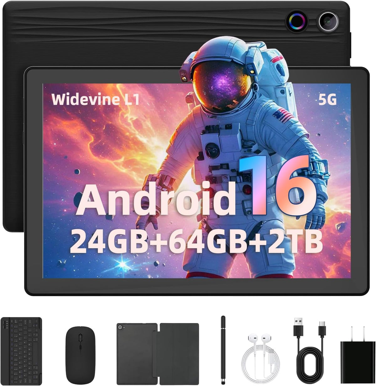 Gleeso Tablet, ultimo tablet Android 16 da 10 pollici, 24 GB+64 GB+2 TB TF, batteria 6000 mAh, doppia fotocamera, Widevine L1, Face ID, WiFi 6, BT 5.4, tablet 2 in 1 con custodia protettiva per