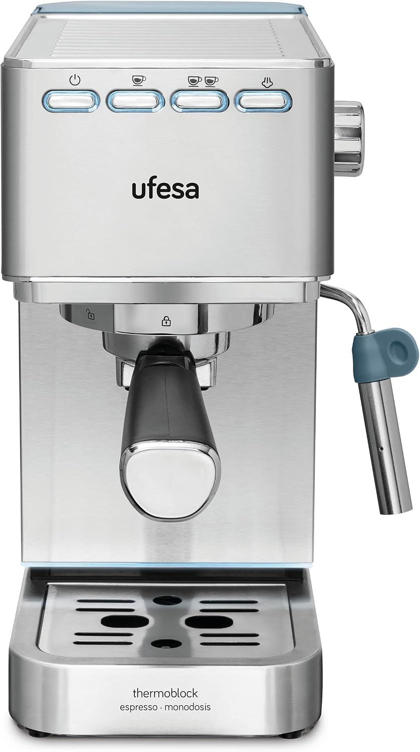 Ufesa Bergamo, Macchina Caffè Espresso e Cappuccino, Touchscreen, Pressione 20 Bar, 1350 W, Sistema Thermoblock, Vaporizzatore Regolabile, Caffè Macinato, Serbatoio 1.8 L, Spegnimento Automatico(Capri)