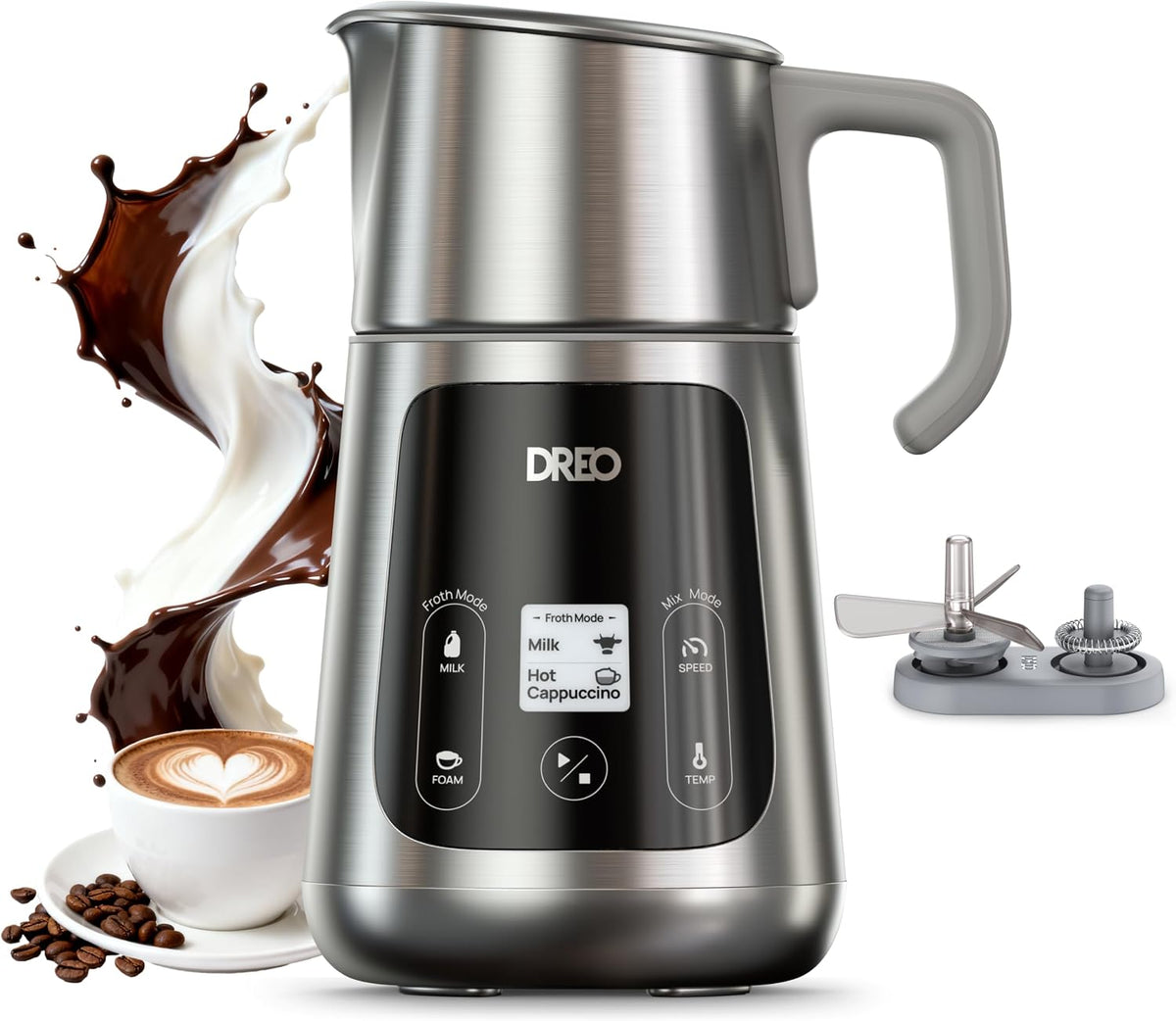 DREO Montalatte Elettrico [Aggiornato], Frullino Montalatte All-in-1 da 450ml per Latte, Cappuccino, Cioccolata Calda, Oltre 30 Bevande, Facile da Pulire, Lavabile in Lavastoviglie, Display LED(Argento)