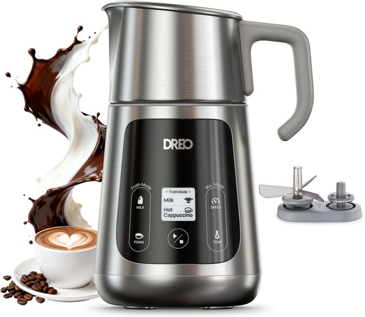 DREO Montalatte Elettrico [Aggiornato], Frullino Montalatte All-in-1 da 450ml per Latte, Cappuccino, Cioccolata Calda, Oltre 30 Bevande, Facile da Pulire, Lavabile in Lavastoviglie, Display LED(Argento)