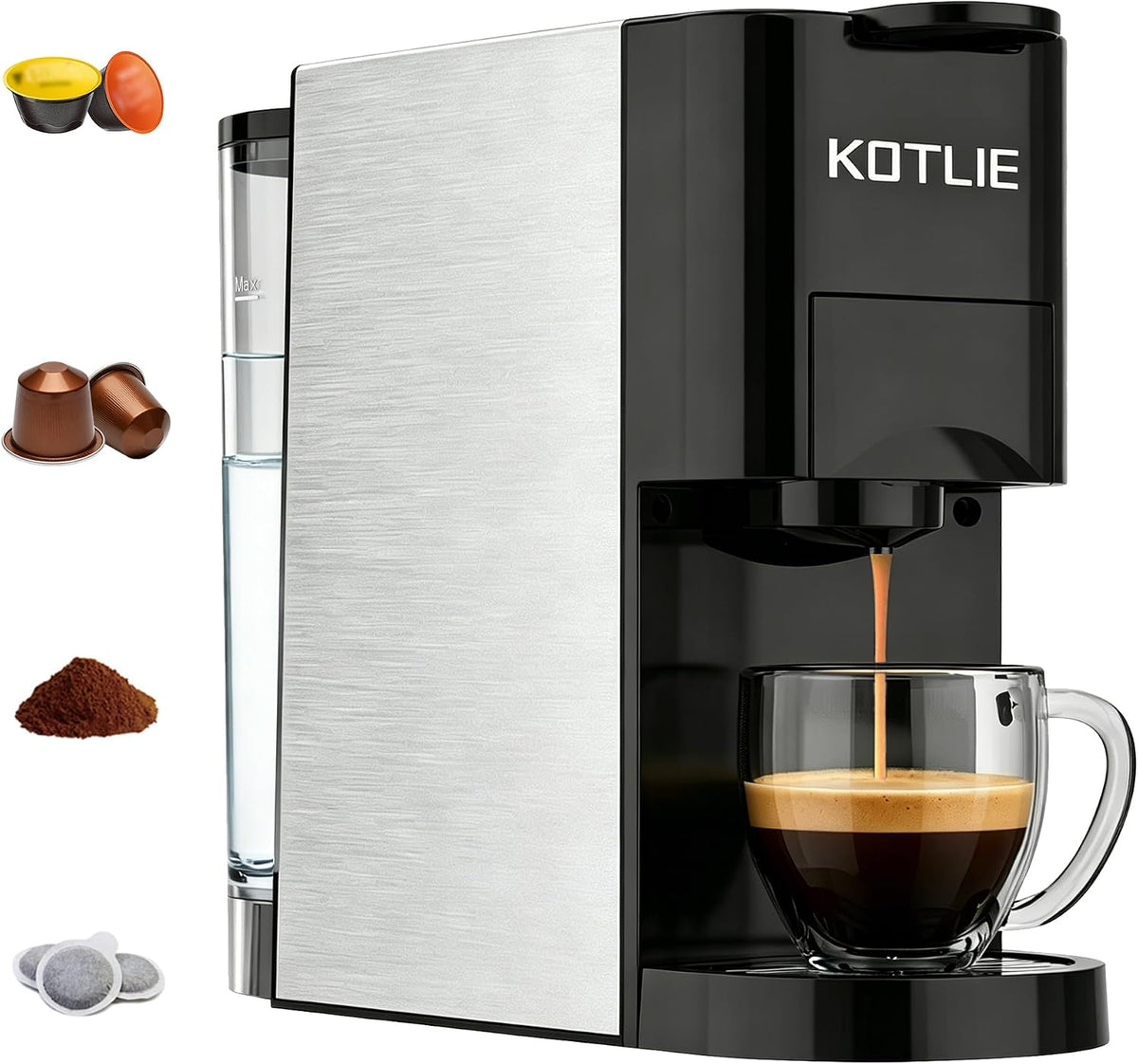 KOTLIE Espresso 4 in 1 Capsule Macchina da caffè 19 Bar Alta Pressione Spegnimento Automatico Serbatoio Macchina da caffè Espresso/Capsule AC-513K (BLACK-EU)
