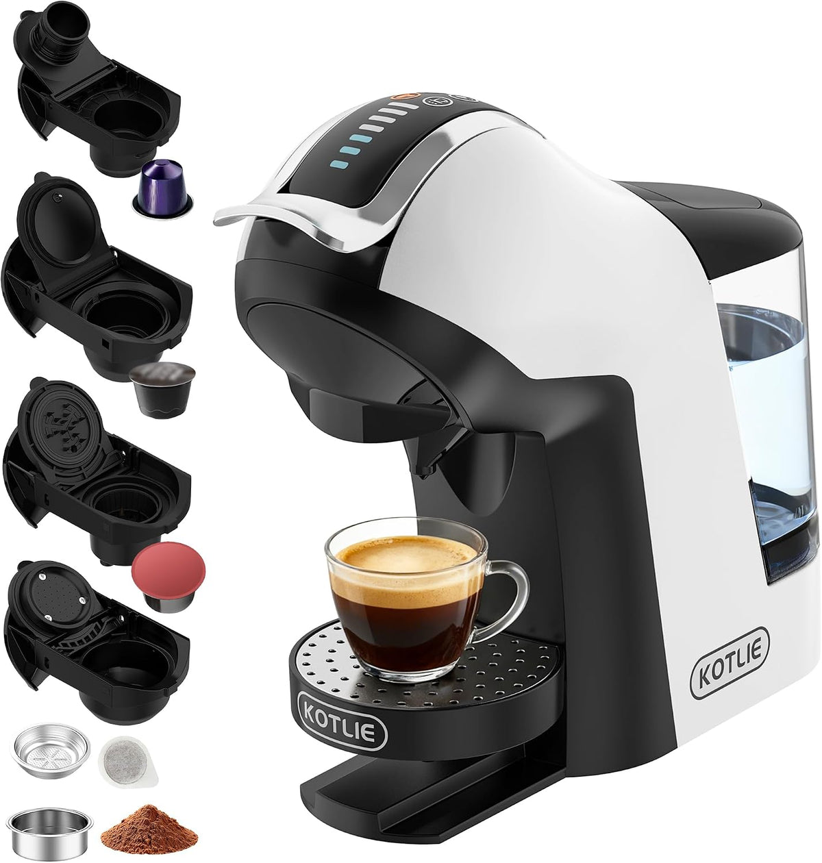 KOTLIE Macchina da caffè 5 in 1, 19 bar, multi-capsula per Nespresso/Dolce Gusto/ESE Pads (44 mm)/caffè in polvere, serbatoio acqua da 1 l, 3 temperature/7 quantità di acqua
