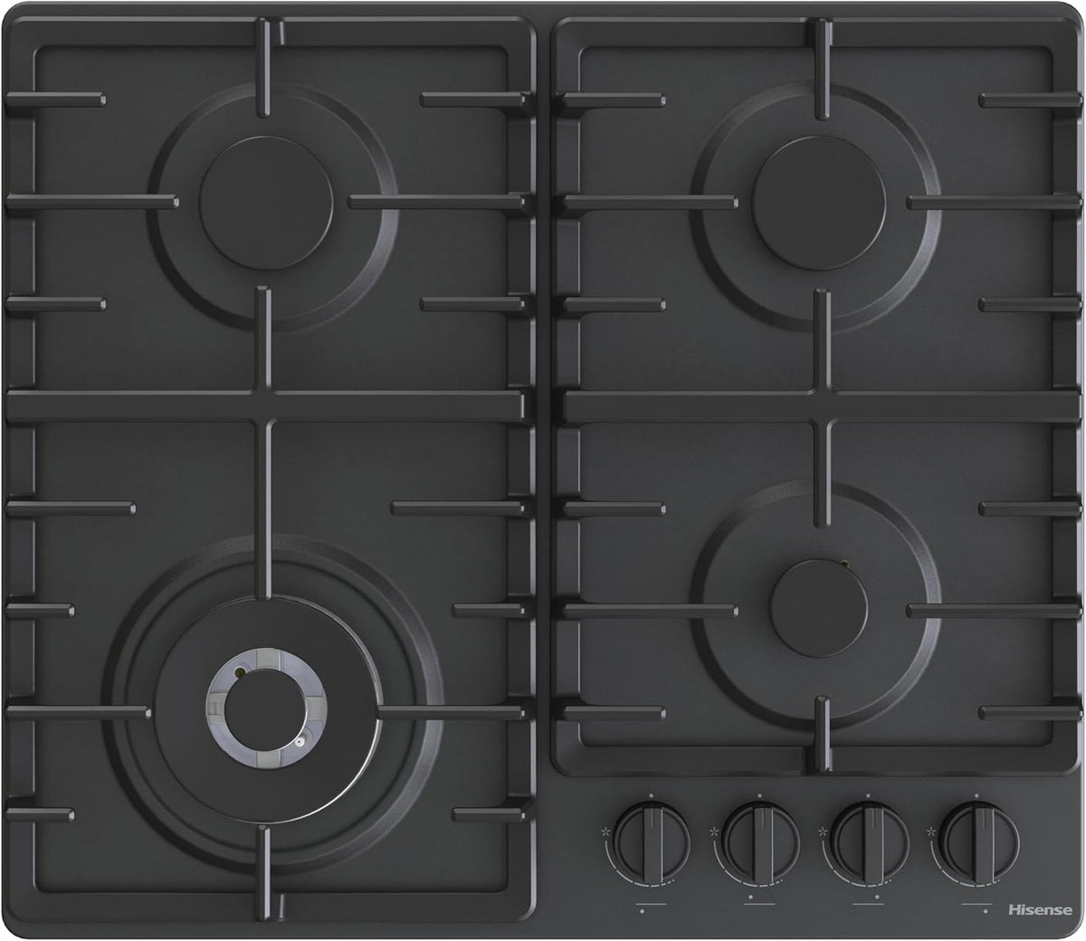 Hisense GM663XHFSI Piano Cottura a Gas 60 cm, 4 Fuochi, Bruciatore Wok Doppia Corona, Griglie in Ghisa, Accensione Integrata, Inox Anti‑Impronta(Nero/60 cm/Griglie inox)