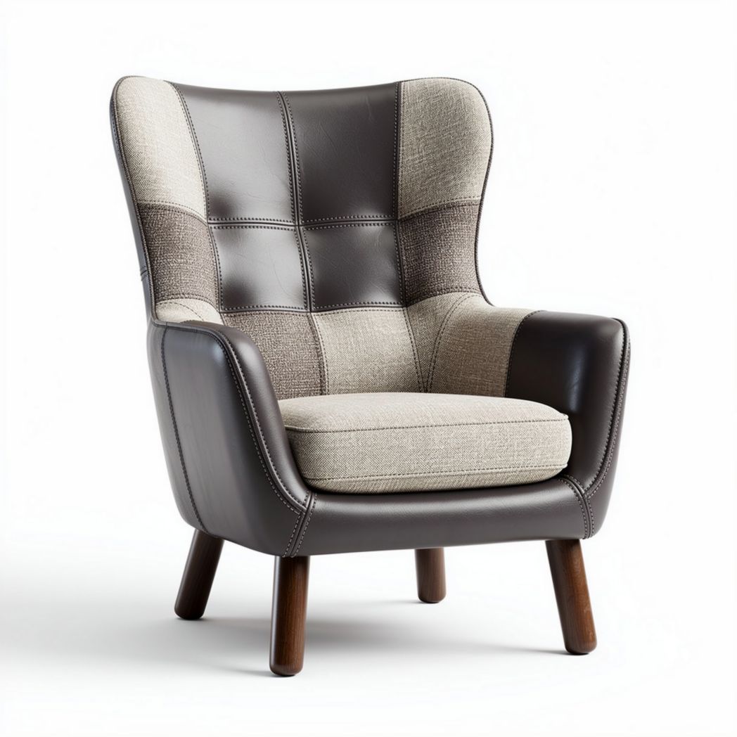 Poltrona in tessuto e pelle con design moderno e gambe in legno 80 x 80 x 90cm
