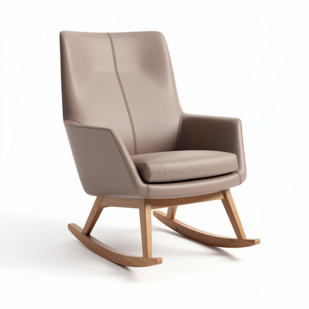 Poltrona a dondolo in pelle beige con struttura in legno dimensioni 80 x 70 x 90cm