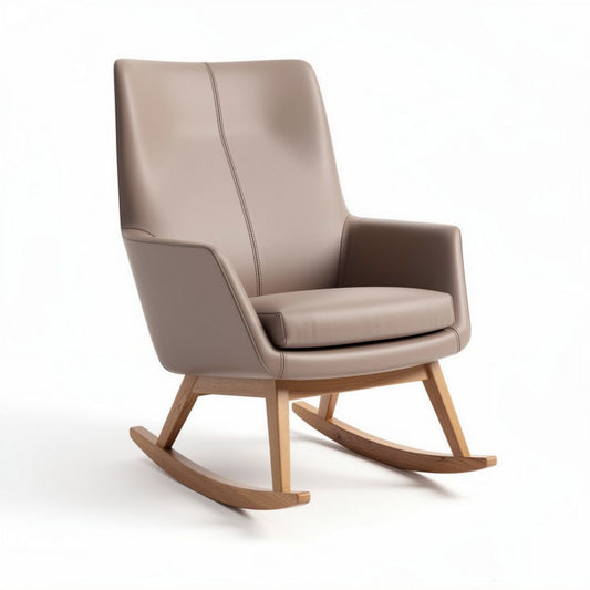 Poltrona a dondolo in pelle beige con struttura in legno dimensioni 80 x 70 x 90cm
