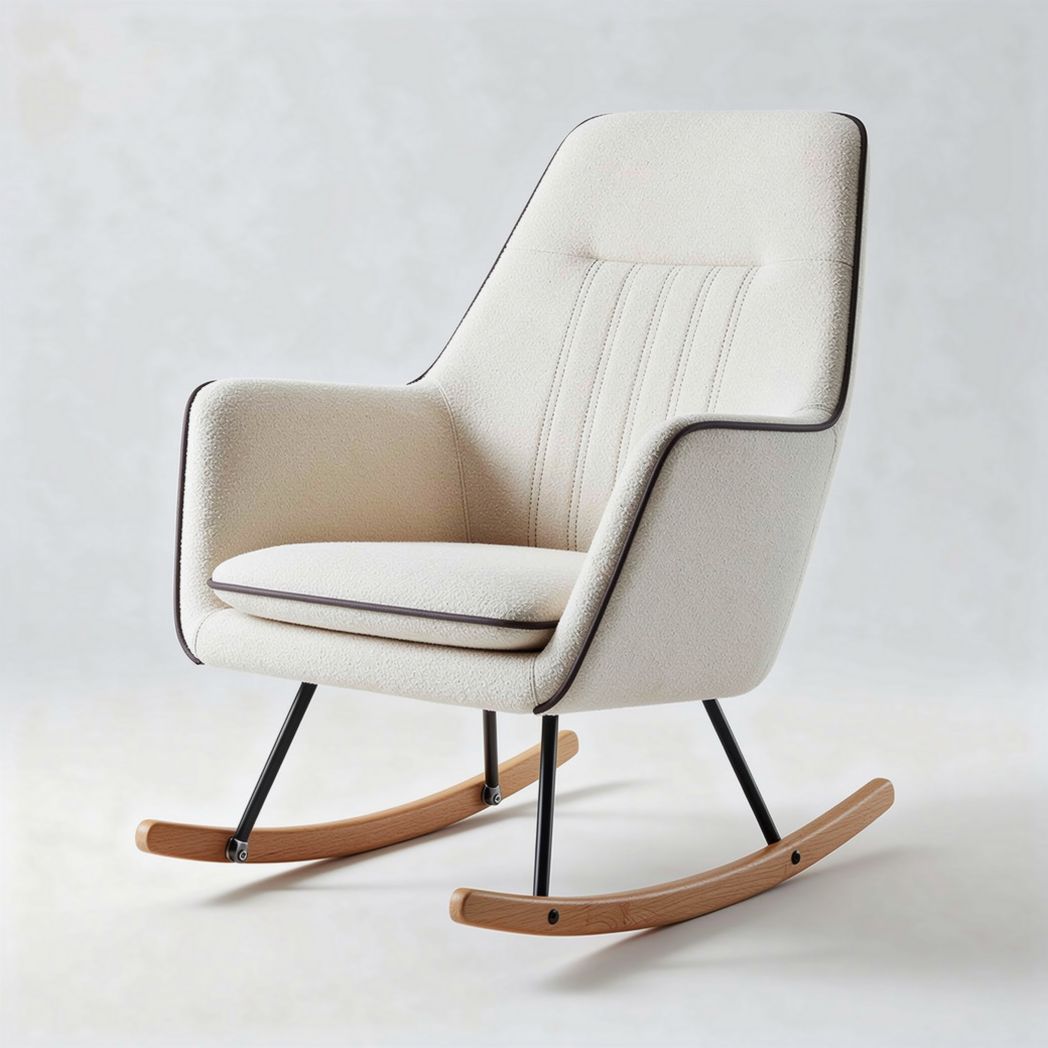 Poltrona a dondolo in tessuto beige con struttura in legno e metallo 90 x 75 x 100cm