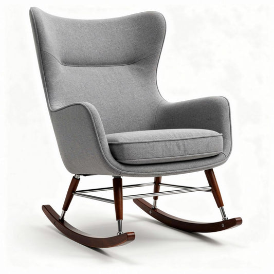 Poltrona a dondolo in tessuto grigio con struttura in legno e metallo 85 x 70 x 100cm