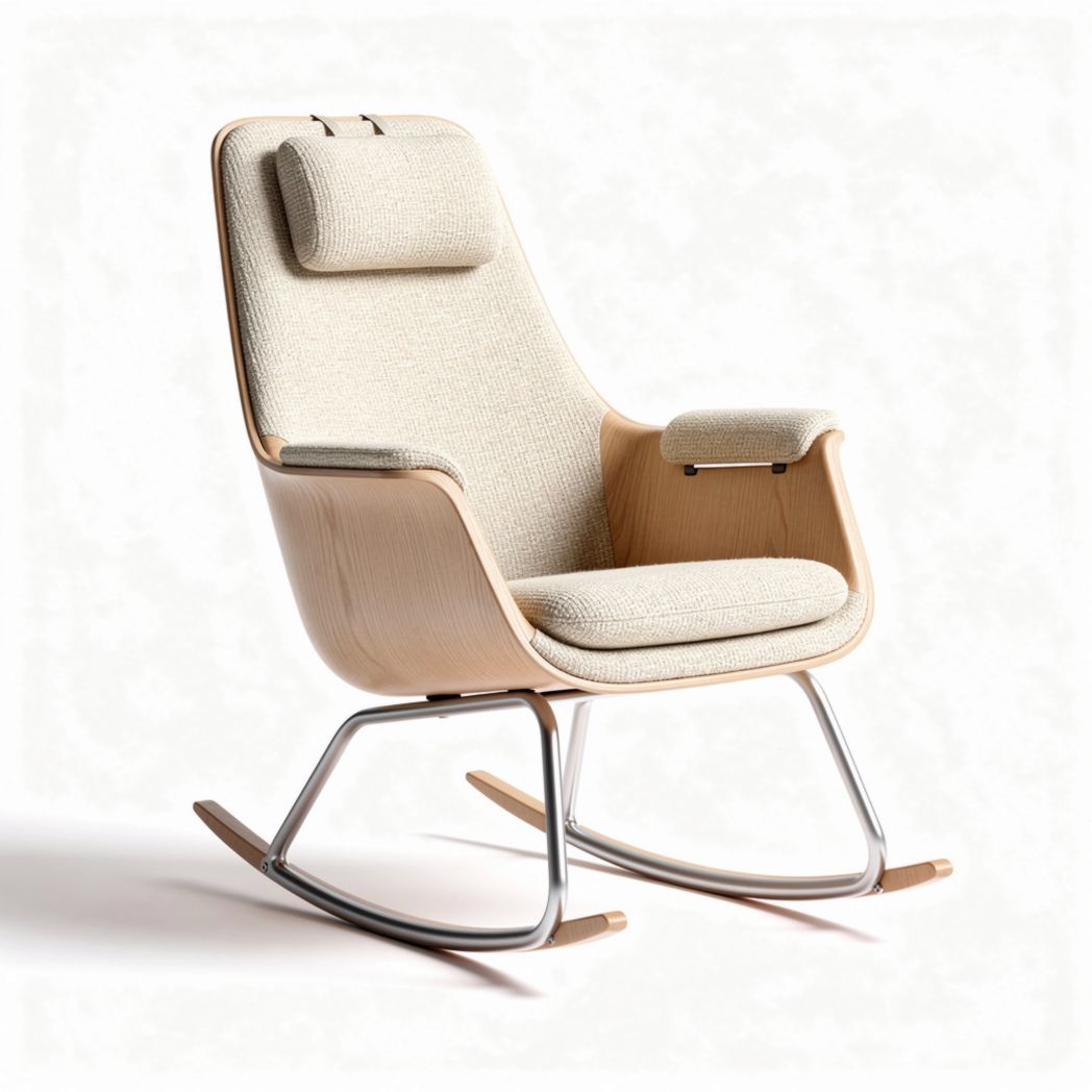 Poltrona a dondolo in legno con cuscino in tessuto color crema 85 x 65 x 100cm