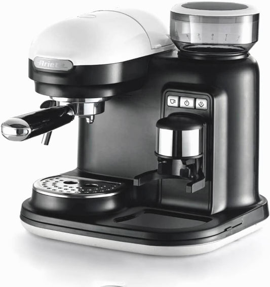 Ariete 1318 Macchina da Caffè Espresso Moderna, Macinacaffè Integrato, per Caffè in Grani e in Polvere, Cappuccinatore Montalatte, Filtro, 1080W, Nero(Bianco)