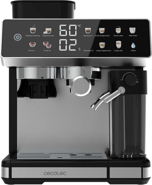 Cecotec Macchina Caffè Espresso Power Espresso 20 Grind+. 1350W, 20 Bar, Schermo Touch, Thermoblock, Serbatoio Acqua 1,7L, 20 Livelli Macinatura, Serbatoio Caffè 150g, Schiumatore Latte, Sicurezza(Classic)
