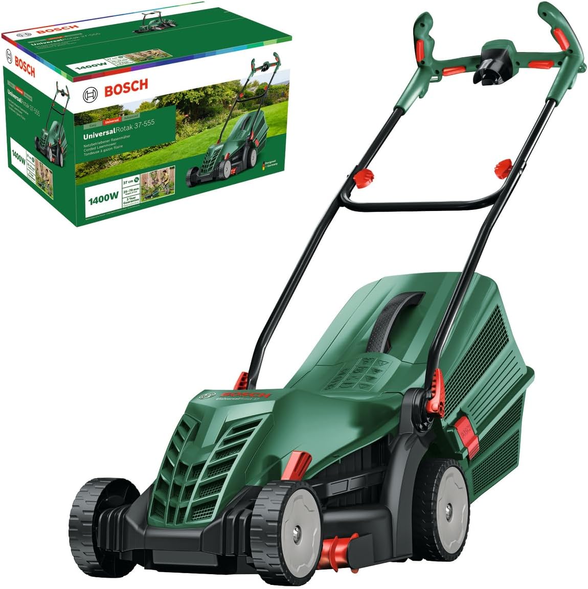 Bosch Universal Rotak 37-555 lawn mower | 1400 W motor, cutting width: 37 cm, 40 l grass basket, Ergoflex handles