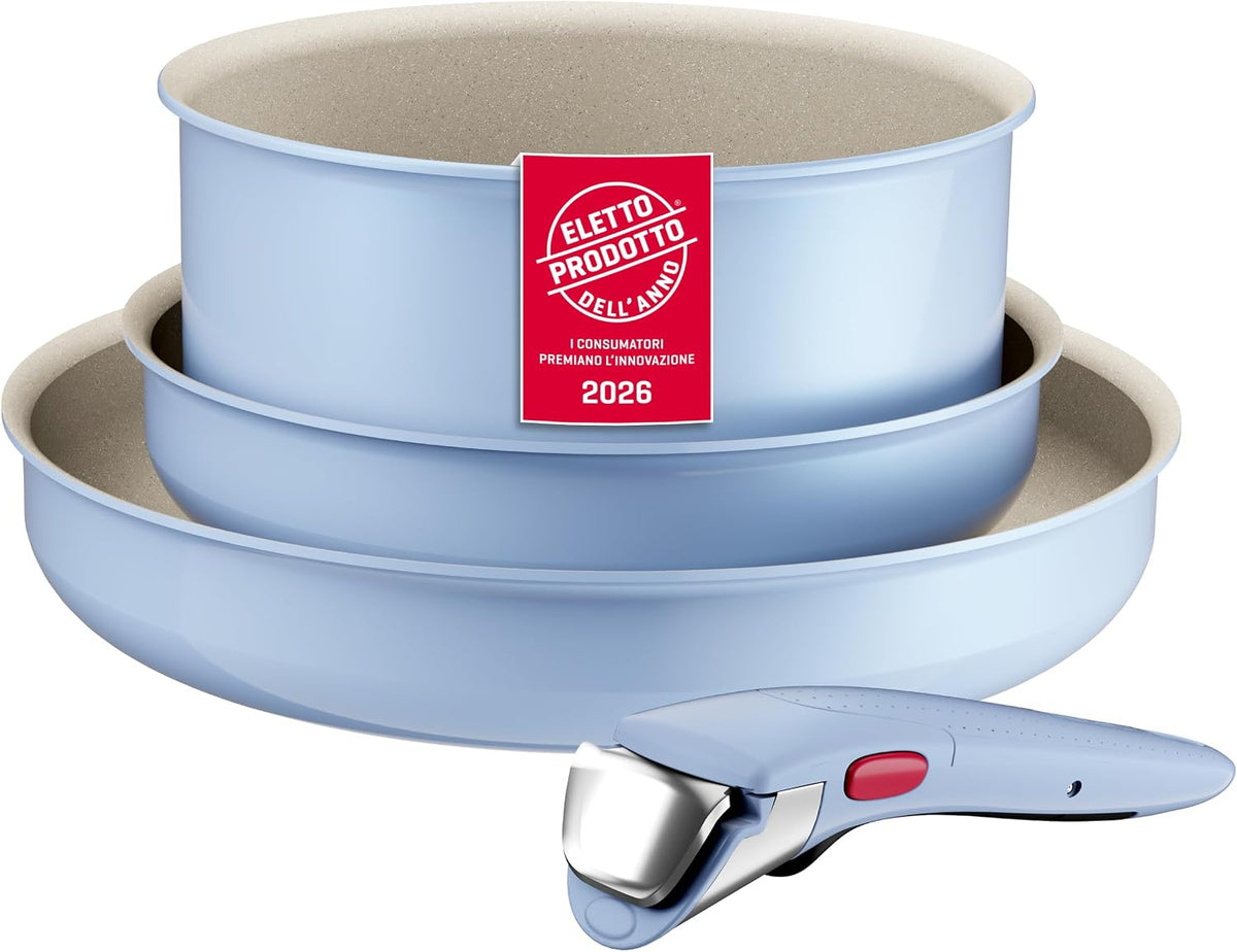 Lagostina Ingenio Pastel, Set di Padelle Antiaderenti 11 Pezzi con Manico Rimovibile, Compatibili con Induzione e Forno, Design Salvaspazio, Colore Salvia(4 Pezzi/Brezza)