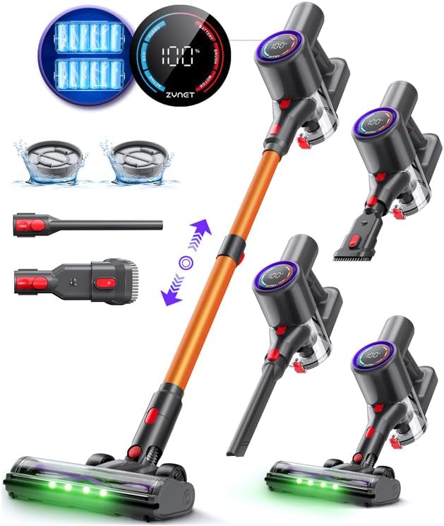 Zynet DP2 Aspirapolvere Senza Fili con 2 Batterie Integrate, 48KPa/90Min/600W, Display LED, Asta Telescopica, Autoportante, LED Verde, Scopa Elettrica per Cappelli Di Animali/Tappeti/Pavimenti Duri(Oro)