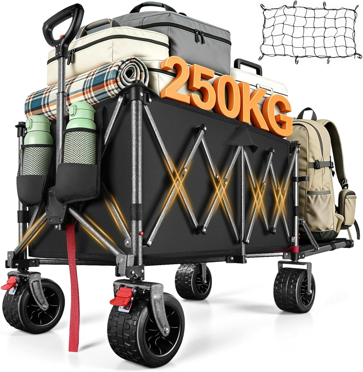 YEAUPE PRO XXXL Beach Trolley, Trolley with Large Wheels 360° Swivel, All Terrain with Elastic Mesh Included, Ideal for Outdoor and Beach Transport, 200L 150kg, Khaki Olive(Black Charcoal/200-300L)