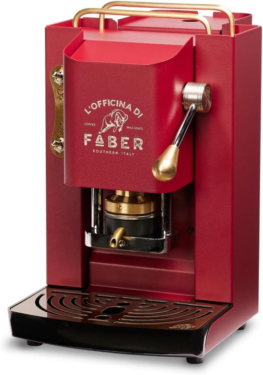 FABER COFFEE MACHINES | Modello Pro Deluxe | Macchina caffe a cialde ese 44mm | Rifiniture ottonato | Pressacialda in ottone regolabile | elettrovalvola di serie (MAT BLACK)(Cherry Red)