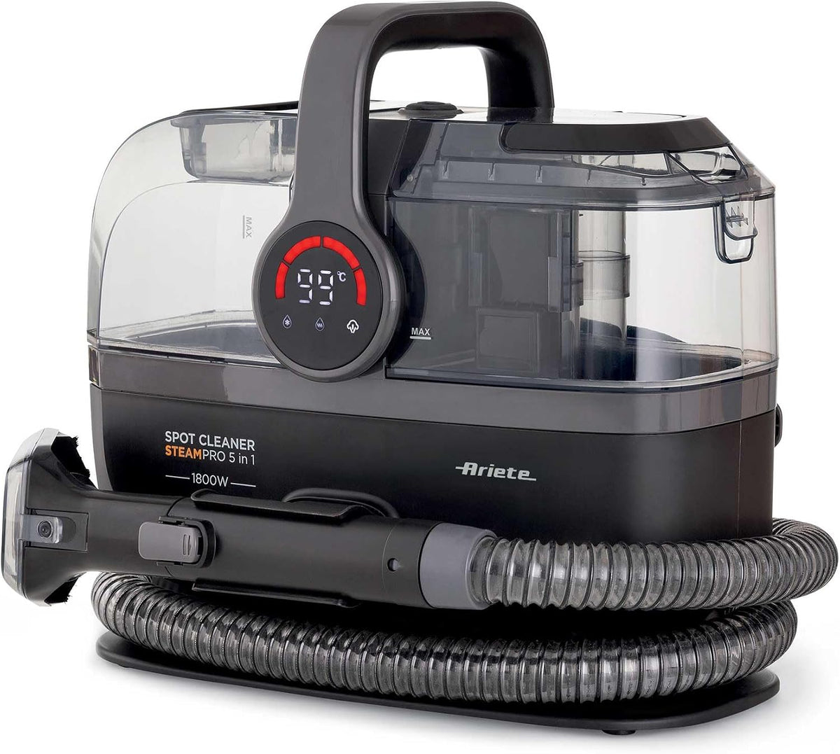 Ariete 2484 Spot Cleaner Steam PRO 5in1, Lavatappeti e pulitore a vapore, Elimina macchie da interni Auto, Divani, Moquette, Materassi, tappeti, 1800W, 3 modalità di pulizia, Elevata potenza aspirante(Steam)