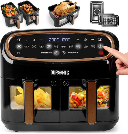 Duronic AF34 BG Friggitrice ad Aria extra grande, Air Fryer 2400W, 2 cestelli da 5L e 1 Cestello da 10L, Senza olio 10in1, Friggitrice ad aria calda con finestra di controllo(Af34 Nero/Oro Con Triplo Cassetto)