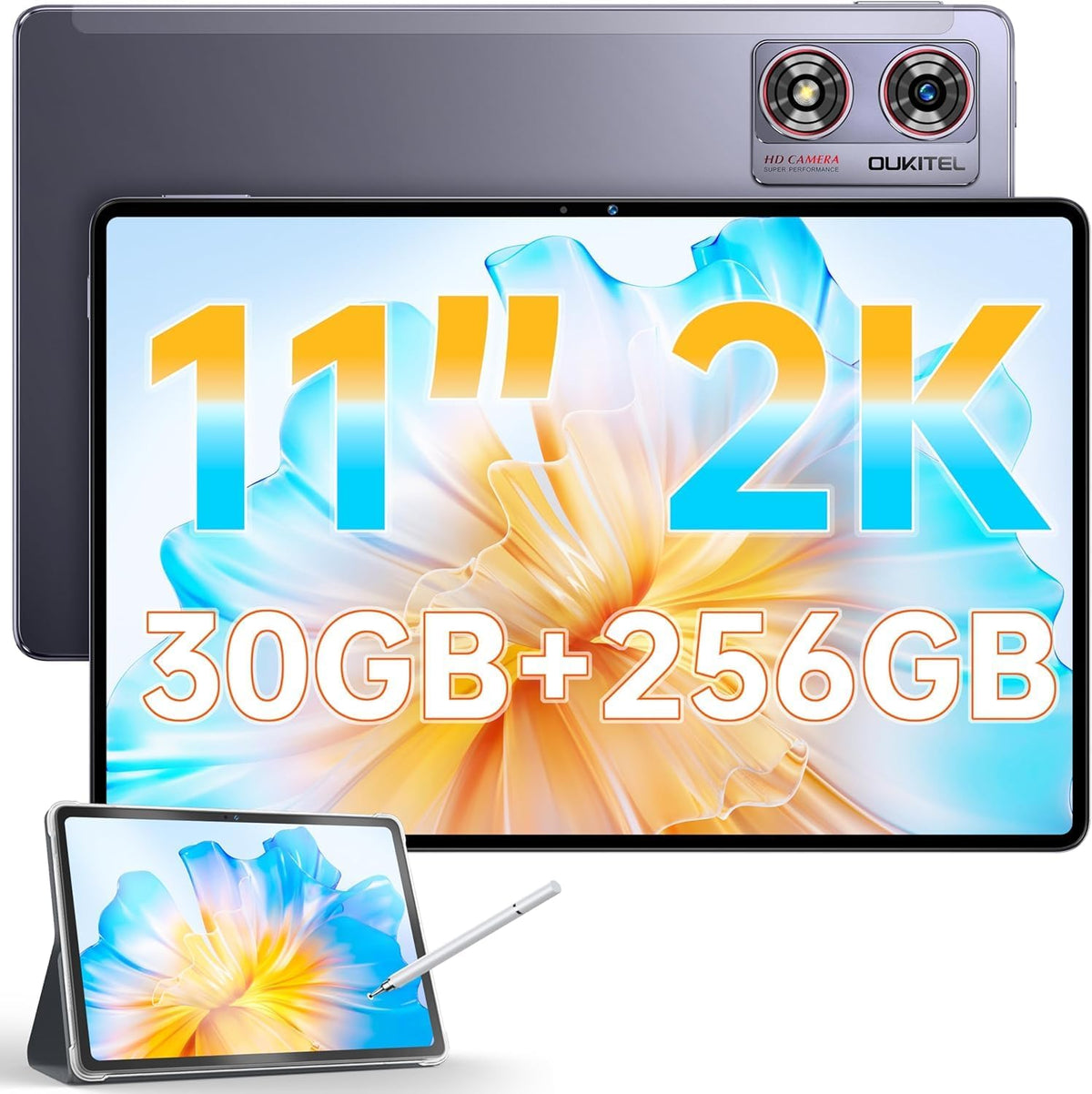OUKITEL OT8 Tablet 11 Inch 2K, Android 13, Pen, 30(6+24)+256GB Gaming, Octa-Core Unisoc T606 4G LTE, 8800mAh, 8MP+13MP AI Camera, Dual SIM/TÜV/GPS/Widevine L1 (Grey)(grey)