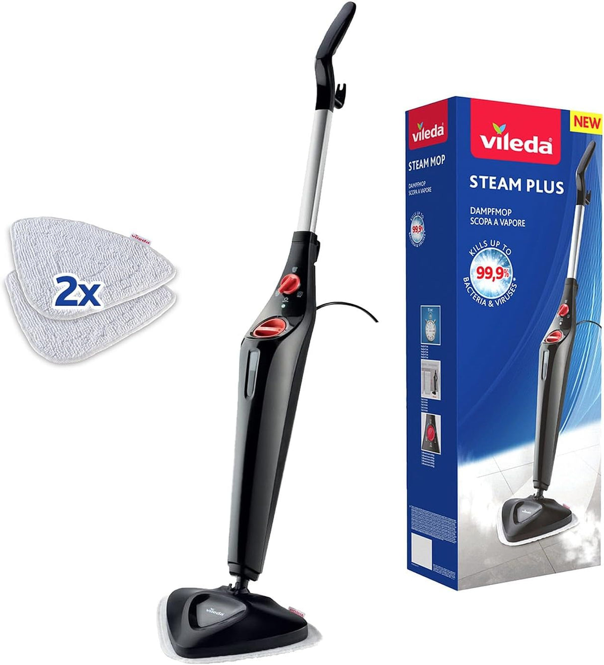 Vileda Steam PLUS | scopa a vapore | pulizia e igiene con il vapore | elimina fino al 99.9% dei batteri e virus | ideale per tappeti, moquette per tutti i tipi di pavimento | senza uso di detergenti