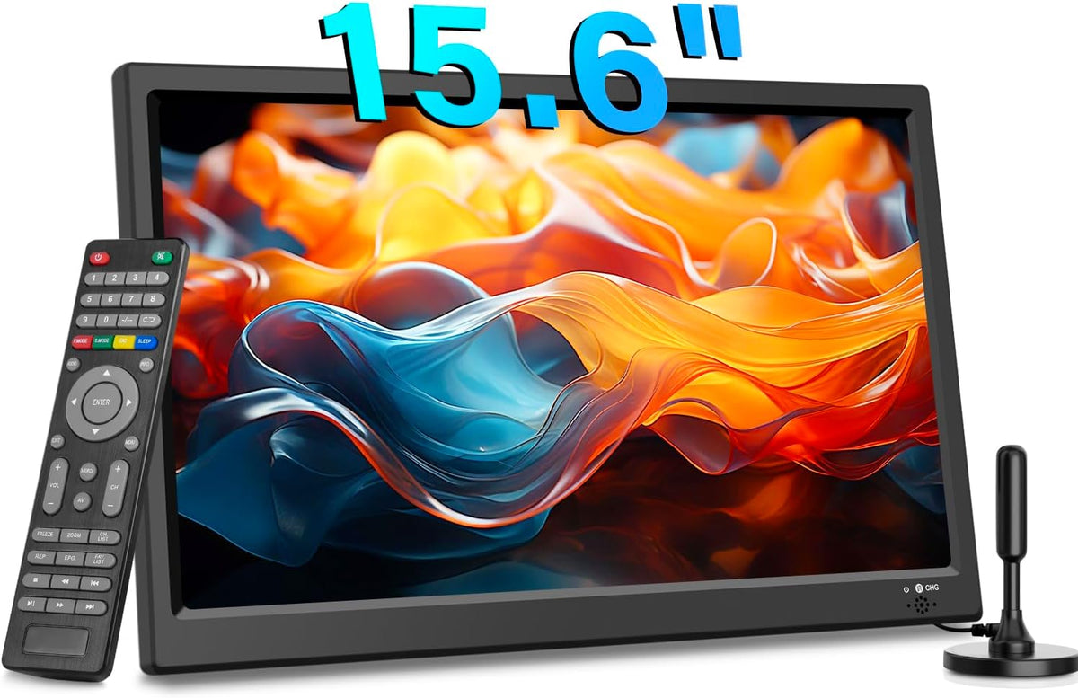 KCR Portable TV 15.6 Inches, DVB-T2 Digital, AC/DC 12 V Compatibility, HDMI/AV/USB Inputs, Remote Control