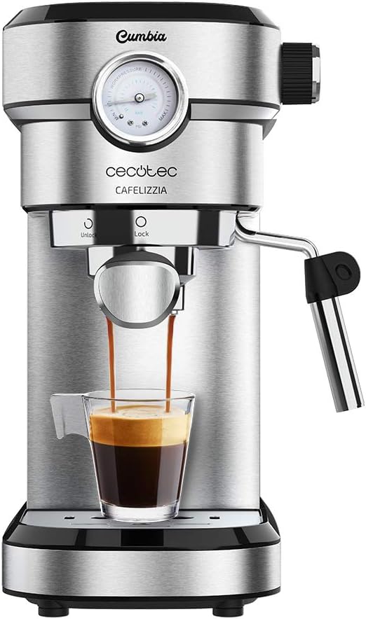 Cecotec Macchina da Caffè Espresso Cafelizzia 790 Steel Pro. 1350 W, Manometro, Sistema Thermoblock, 20 Bar, Modalità Automatica per 1-2 Caffè, Vaporetto Orientabile, 1,2 L, Colore Acciaio(38 x 35.5 x 20 cm/Acciaio)