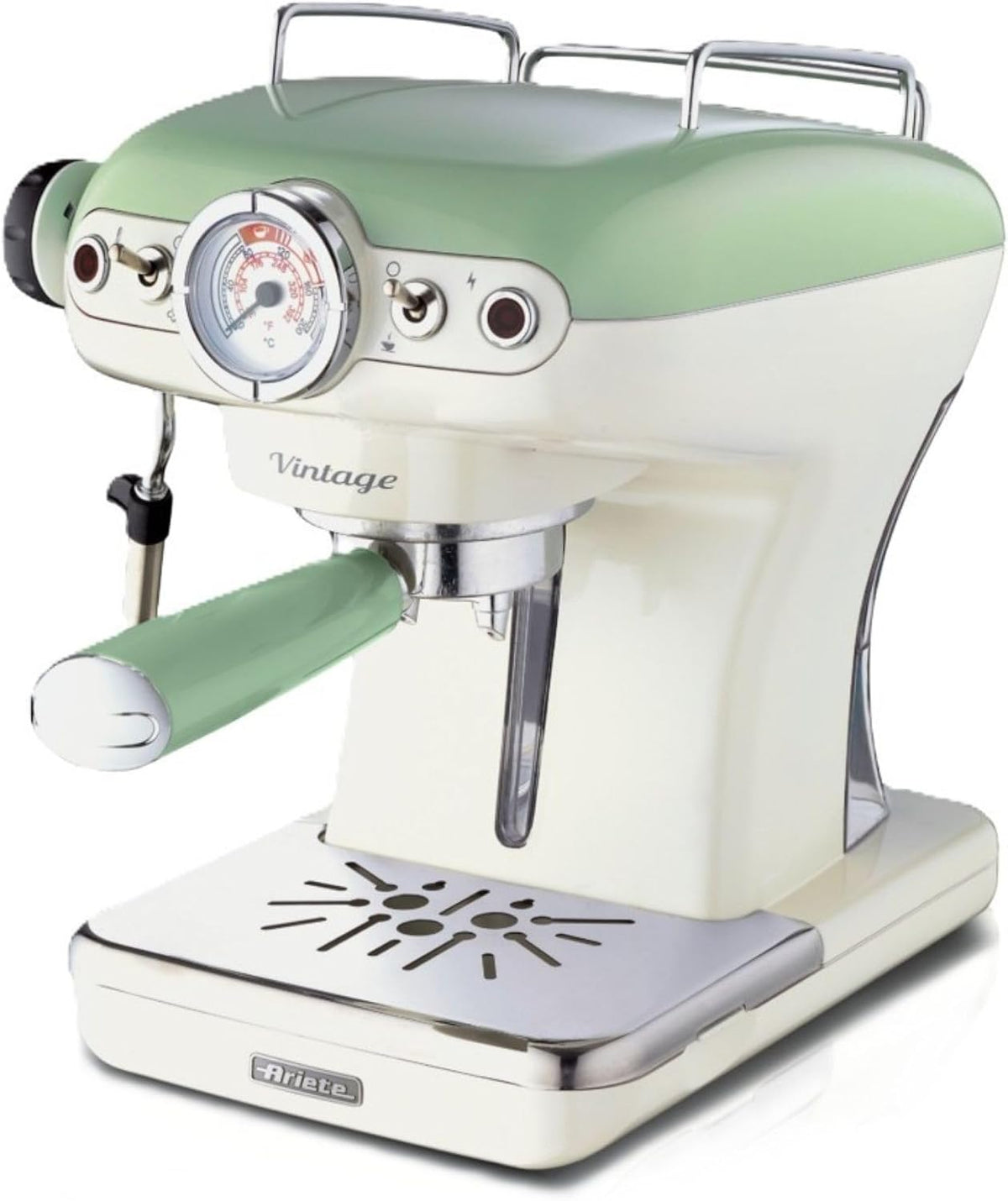 Ariete Caffè Espresso Vintage 1389, Macchina per Caffè Espresso per Polvere o Cialda ESE, 1 e 2 Tazze, Lancia Cappuccinatore, Supporto Tazze in Acciaio Inox, 15 Bar, 850W, Verde(Verde Pastello/Single)