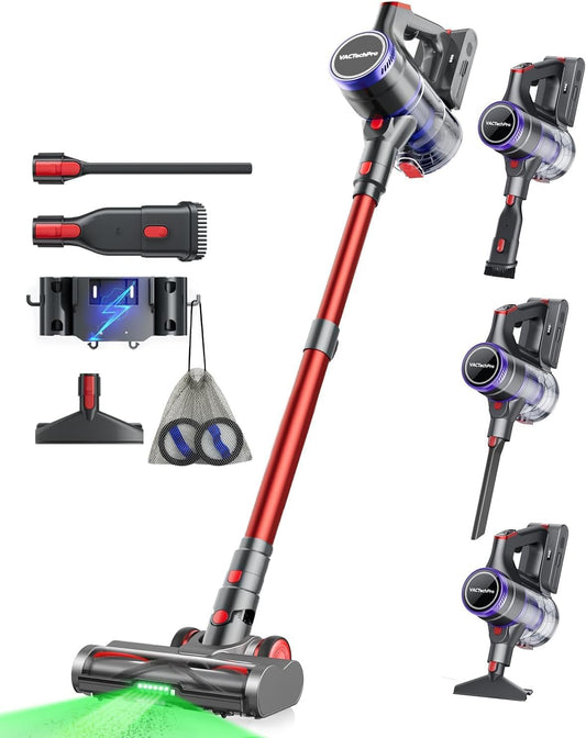 VACTechPro 55KPa/600W/70Min Aspirapolvere Senza Fili, 1.6L Scopa Elettrica Senza Fili Super Silenzioso, GreenSight™ Aspirapolvere Senza Fili Potente con Sistema di Filtraggio a 8 Strati, Rosso Scuro(Rosso)