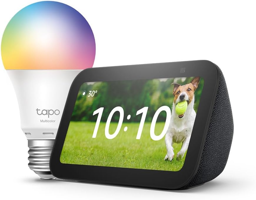 Echo Show 5 (3ª generazione) | Antracite + Tapo L530EA Lampadina LED Smart (E27), Compatibile con Alexa - Kit di base per Casa Intelligente